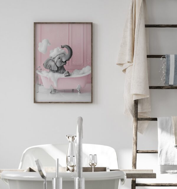 Cute Elephant In A Tub Wall Art, Pink Bathroom Funny Elephant Wall Art Home Decor