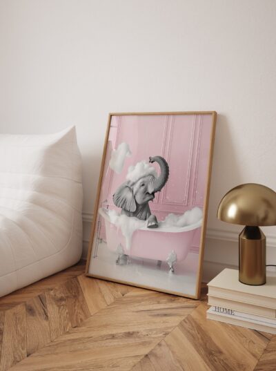 Cute Elephant In A Tub Wall Art, Pink Bathroom Funny Elephant Wall Art Home Decor