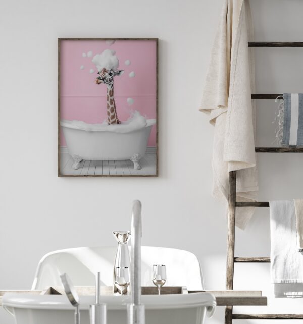 Cute Giraffe In A Bathtub Wall Art, Pink Bathroom Decor, Bathroom Wall Art Home Decor