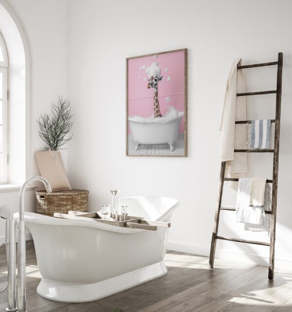 Cute Giraffe In A Bathtub Wall Art, Pink Bathroom Decor, Bathroom Wall Art Home Decor