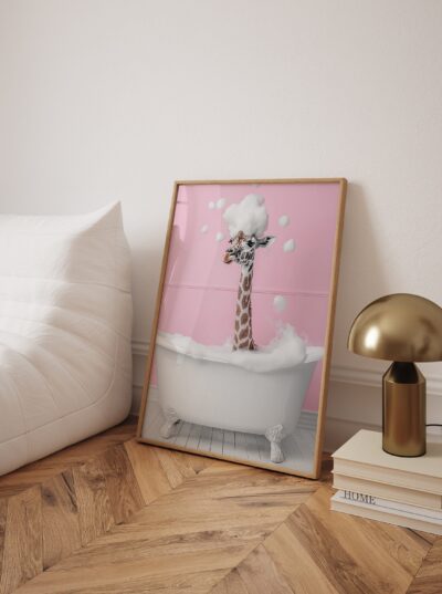Cute Giraffe In A Bathtub Wall Art, Pink Bathroom Decor, Bathroom Wall Art Home Decor