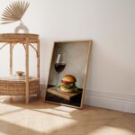 Red Wine and Burger Wall Art, Aesthetic Kitchen Decor, Home Decoration Illustration Art