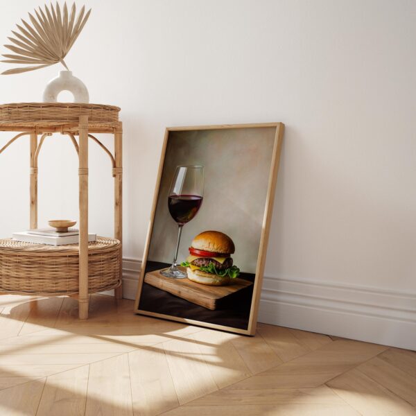 Red Wine and Burger Wall Art, Aesthetic Kitchen Decor, Home Decoration Illustration Art