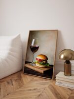 Red Wine and Burger Wall Art, Aesthetic Kitchen Decor, Home Decoration Illustration Art