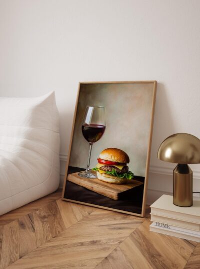 Red Wine and Burger Wall Art, Aesthetic Kitchen Decor, Home Decoration Illustration Art