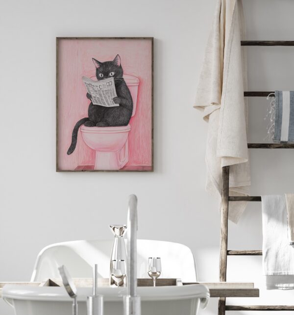 Cat Reading A Newspaper Wall Art, Funny Toilet Bathroom Humor Sign, Bathroom Wall Art Home Decor