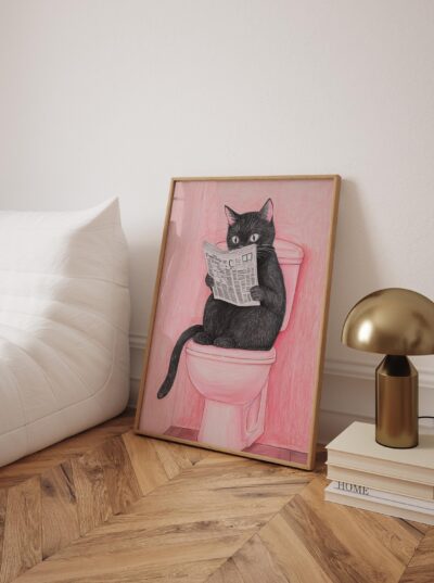 Cat Reading A Newspaper Wall Art, Funny Toilet Bathroom Humor Sign, Bathroom Wall Art Home Decor