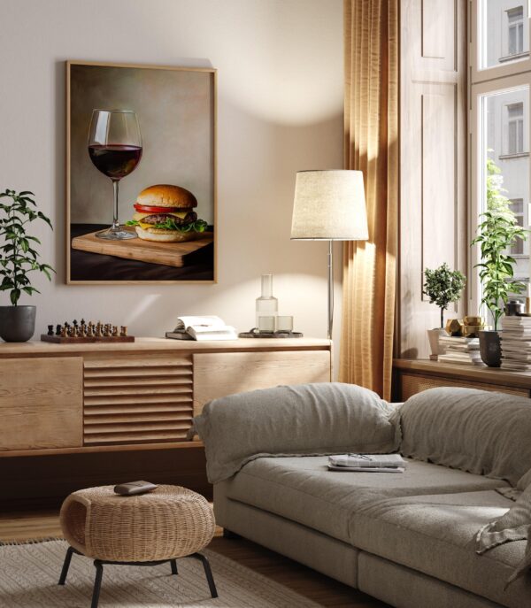 Red Wine and Burger Wall Art, Aesthetic Kitchen Decor, Home Decoration Illustration Art