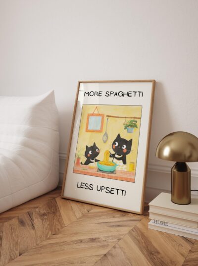 More Spaghetti Less Upsetti White Cat Wall Art, Aesthetic Kitchen Decor, Home Decoration Illustration Art