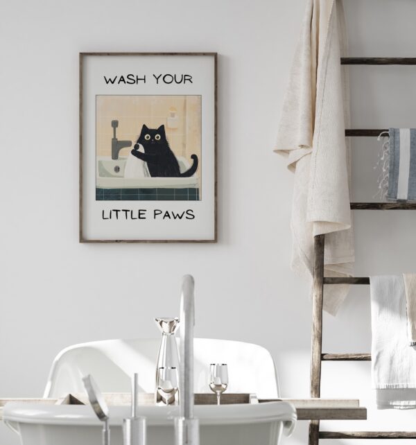 Wash Your Little Paws - Funny Cat Wall Art, Funny Toilet Bathroom Humor Sign, Bathroom Wall Art Home Decor