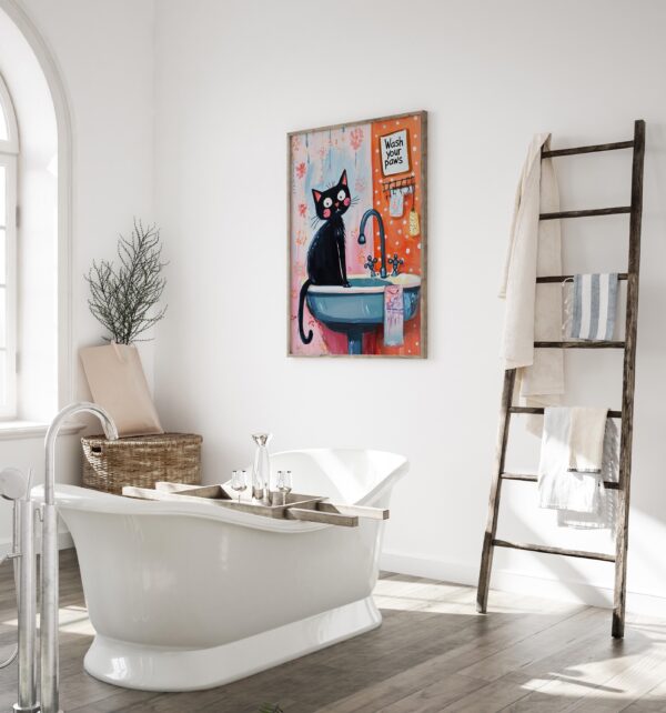 Funny Cat Wash Your Paws Wall Art, Pink Bathroom Decor, Bathroom Wall Art Home Decor