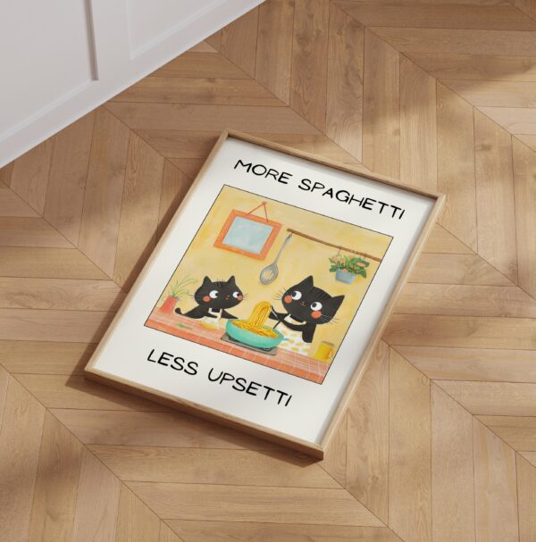 More Spaghetti Less Upsetti White Cat Wall Art, Aesthetic Kitchen Decor, Home Decoration Illustration Art