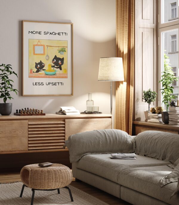 More Spaghetti Less Upsetti White Cat Wall Art, Aesthetic Kitchen Decor, Home Decoration Illustration Art